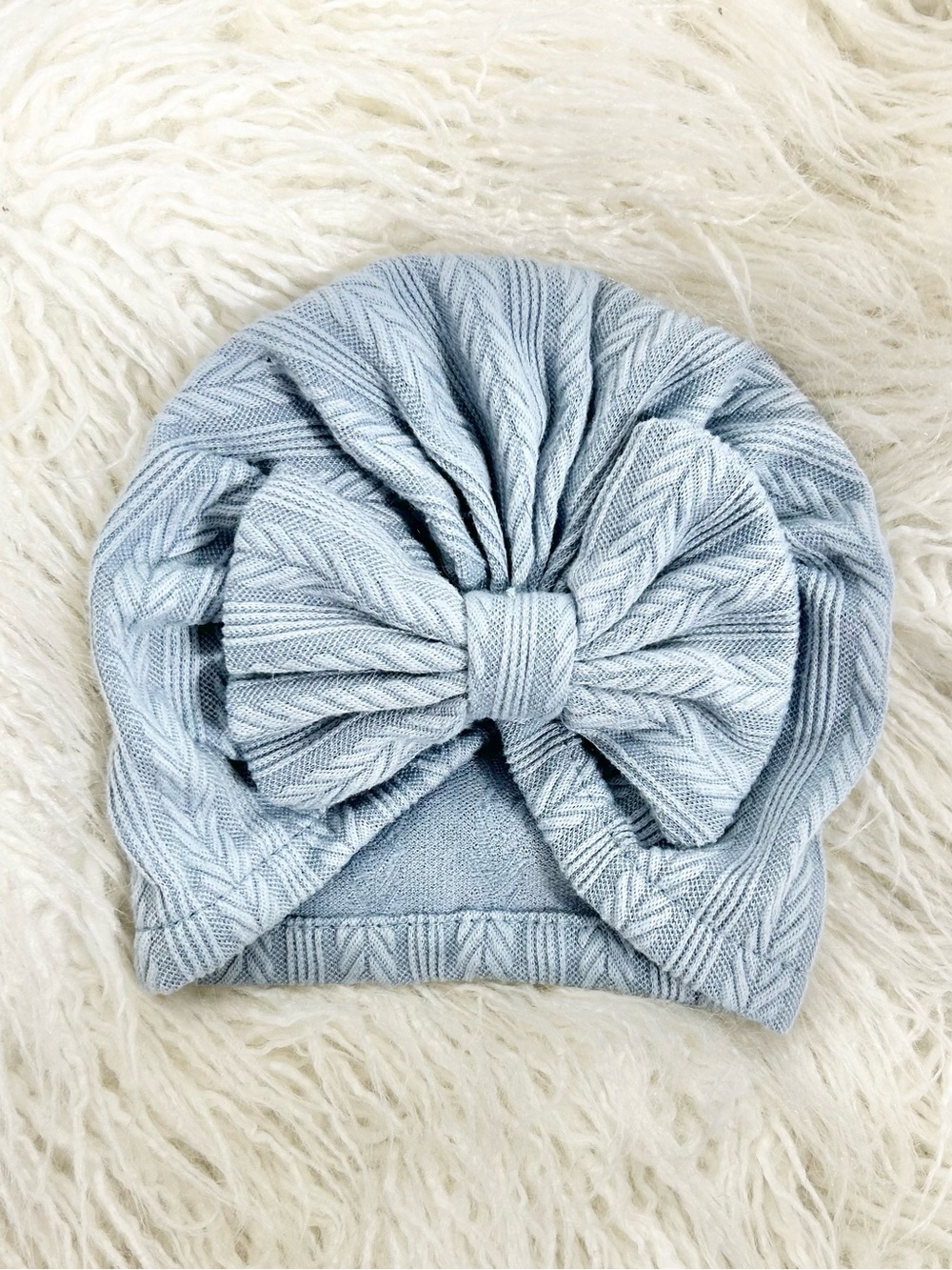 Light Blue Textured Knit Baby Turban Hat with Big Bow